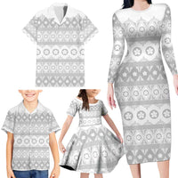 Tonga White Sunday Family Matching Long Sleeve Bodycon Dress and Hawaiian Shirt Tongan Ngatu Siale Pattern LT05 - Polynesian Pride