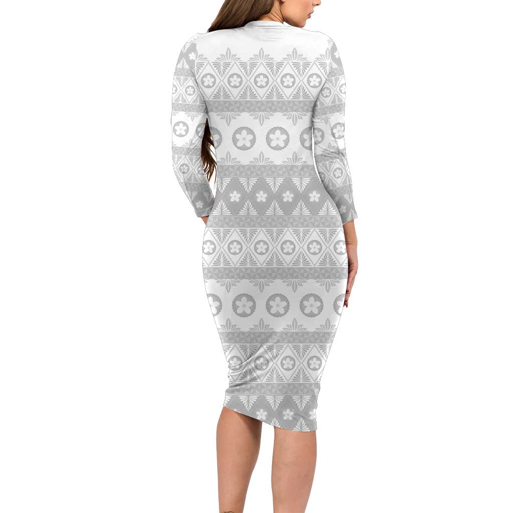 Tonga White Sunday Family Matching Long Sleeve Bodycon Dress and Hawaiian Shirt Tongan Ngatu Siale Pattern LT05 - Polynesian Pride