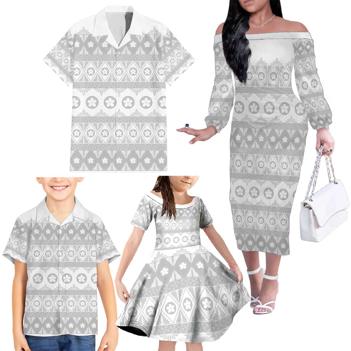 Tonga White Sunday Family Matching Off The Shoulder Long Sleeve Dress and Hawaiian Shirt Tongan Ngatu Siale Pattern LT05 - Polynesian Pride