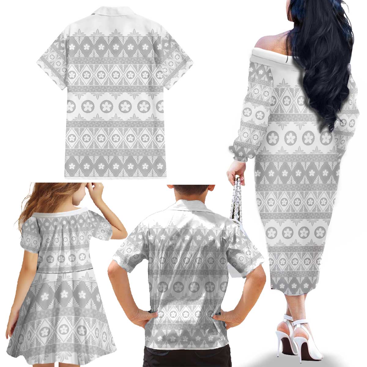 Tonga White Sunday Family Matching Off The Shoulder Long Sleeve Dress and Hawaiian Shirt Tongan Ngatu Siale Pattern LT05 - Polynesian Pride