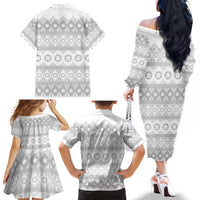 Tonga White Sunday Family Matching Off The Shoulder Long Sleeve Dress and Hawaiian Shirt Tongan Ngatu Siale Pattern LT05 - Polynesian Pride