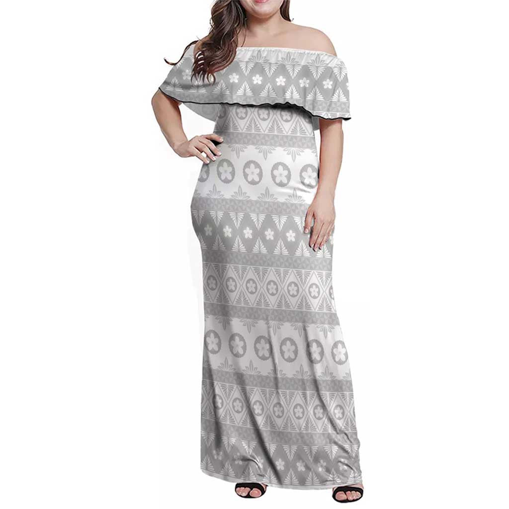Tonga White Sunday Family Matching Off Shoulder Maxi Dress and Hawaiian Shirt Tongan Ngatu Siale Pattern LT05 Mom's Dress White - Polynesian Pride
