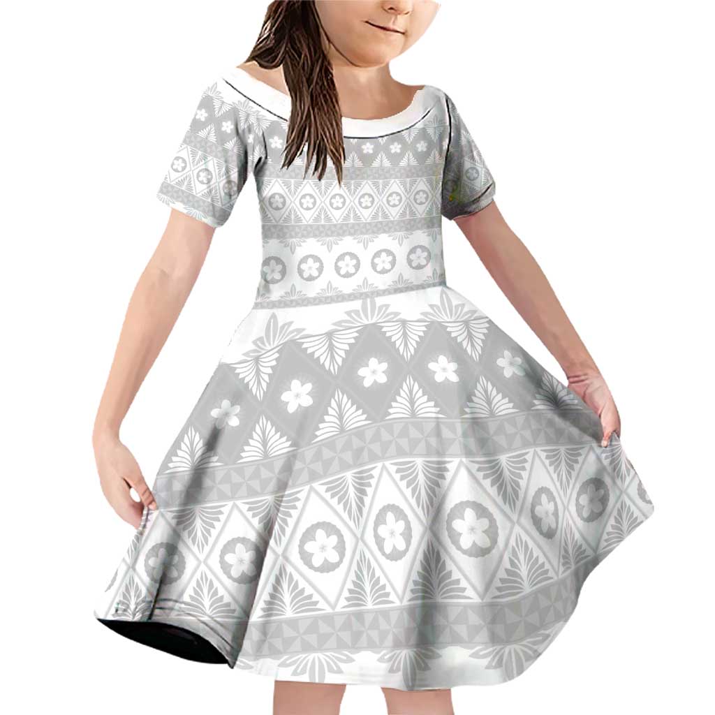 Tonga White Sunday Family Matching Off Shoulder Short Dress and Hawaiian Shirt Tongan Ngatu Siale Pattern LT05 Daughter's Dress White - Polynesian Pride