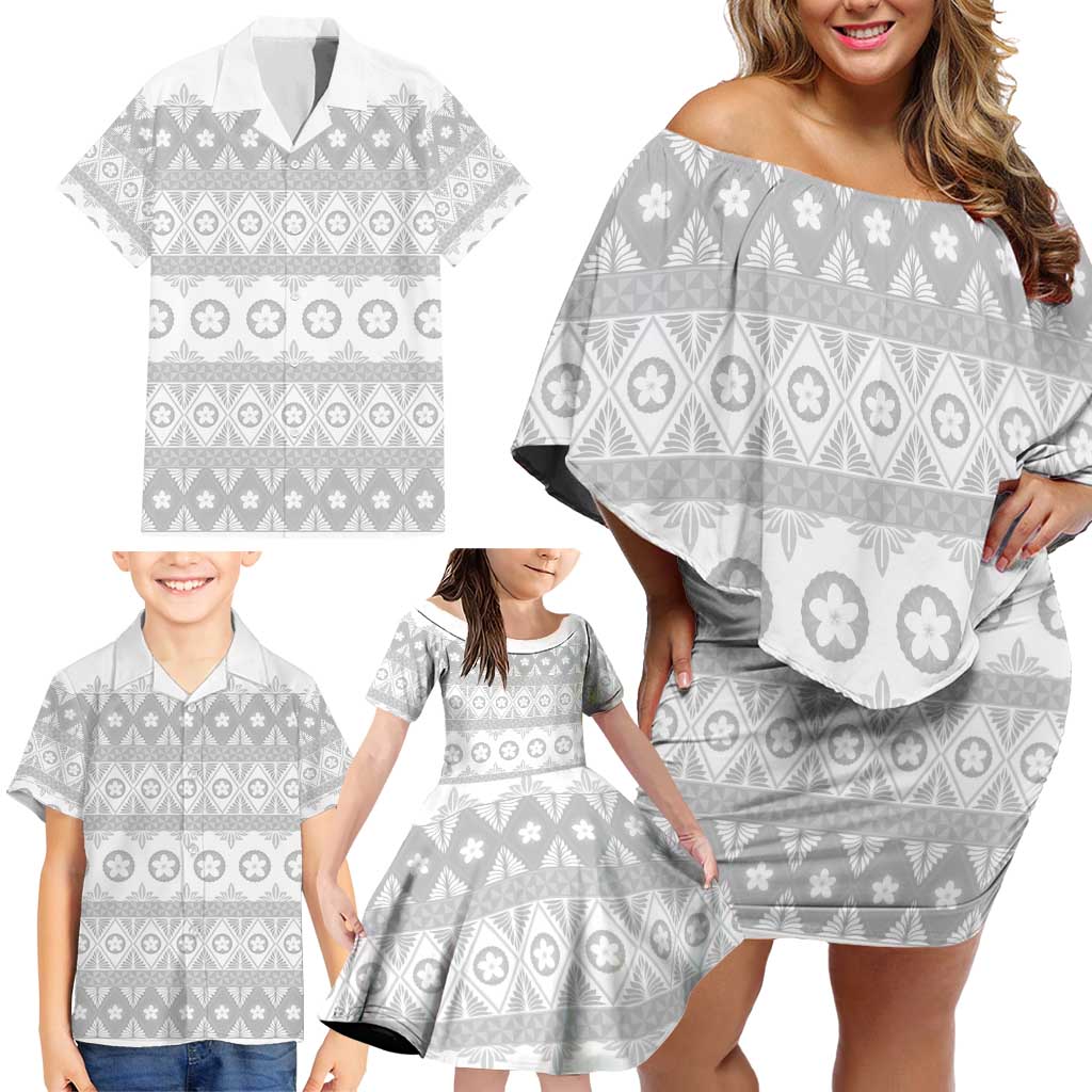 Tonga White Sunday Family Matching Off Shoulder Short Dress and Hawaiian Shirt Tongan Ngatu Siale Pattern LT05 - Polynesian Pride