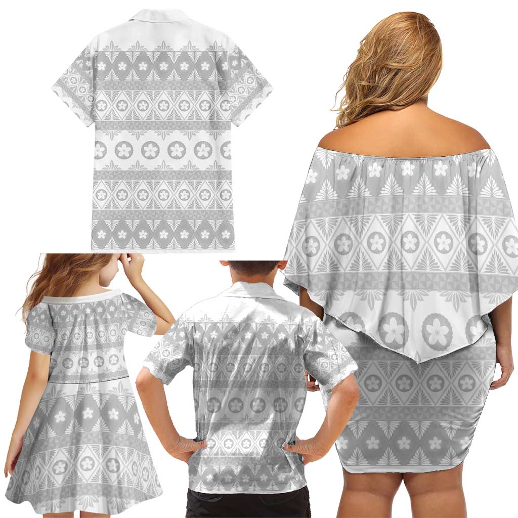 Tonga White Sunday Family Matching Off Shoulder Short Dress and Hawaiian Shirt Tongan Ngatu Siale Pattern LT05 - Polynesian Pride