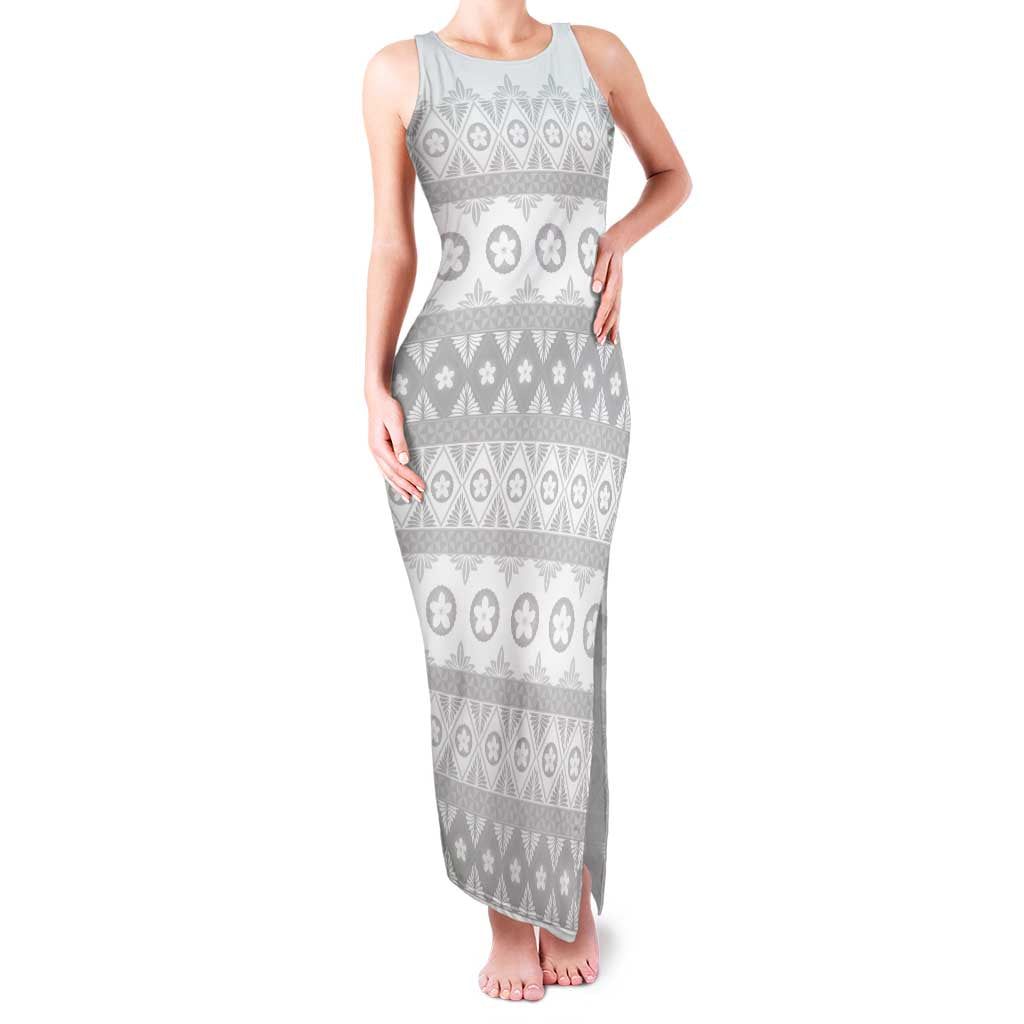 Tonga White Sunday Family Matching Tank Maxi Dress and Hawaiian Shirt Tongan Ngatu Siale Pattern LT05 Mom's Dress White - Polynesian Pride