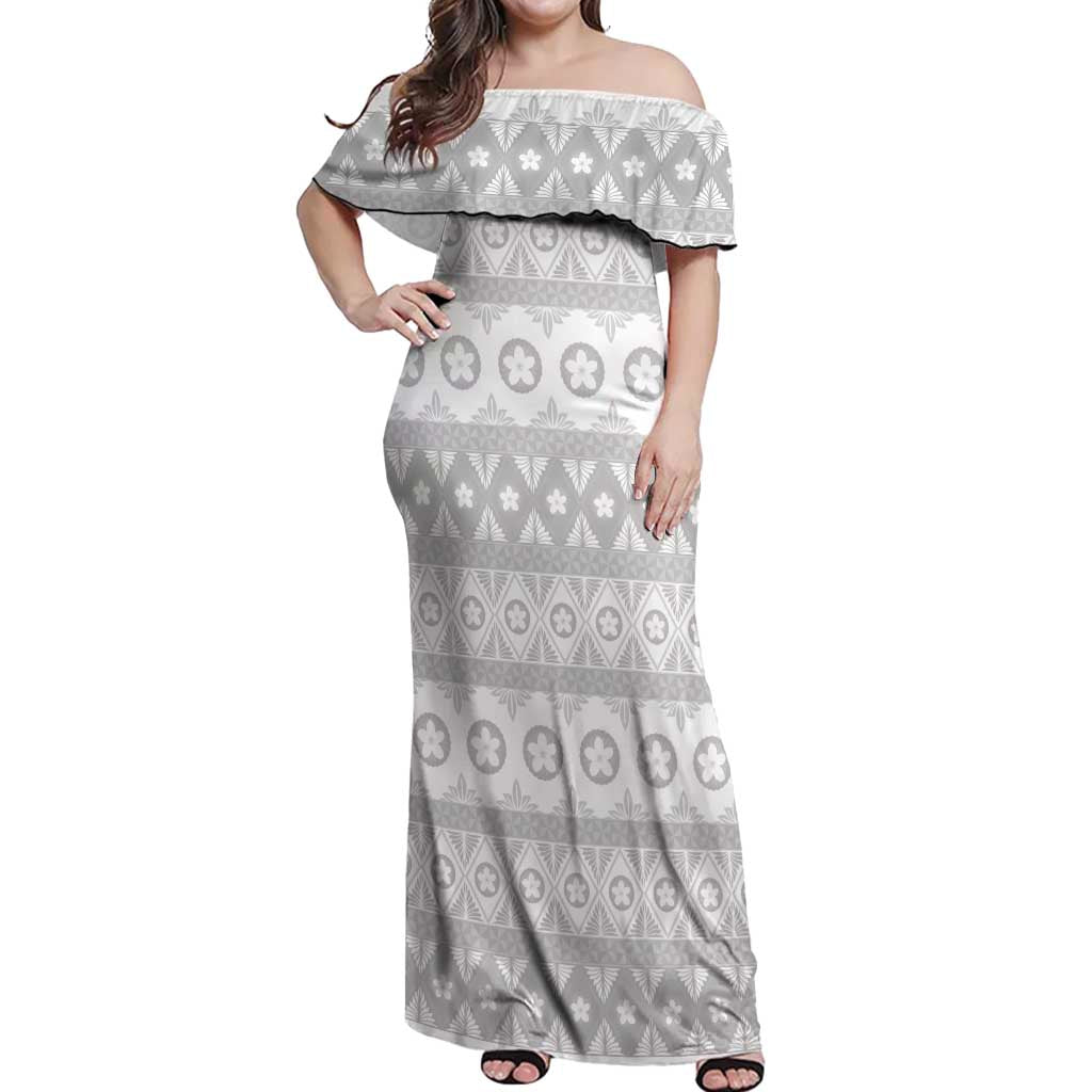 Tonga White Sunday Off Shoulder Maxi Dress Tongan Ngatu Siale Pattern LT05 Women White - Polynesian Pride