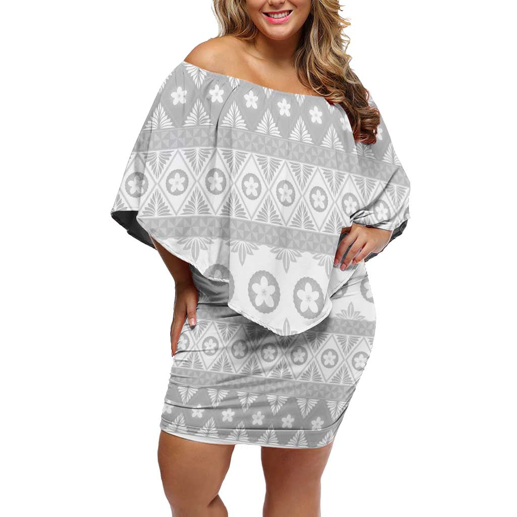 Tonga White Sunday Off Shoulder Short Dress Tongan Ngatu Siale Pattern LT05 Women White - Polynesian Pride