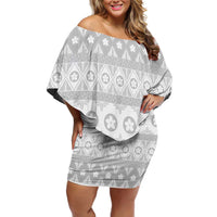 Tonga White Sunday Off Shoulder Short Dress Tongan Ngatu Siale Pattern LT05 Women White - Polynesian Pride