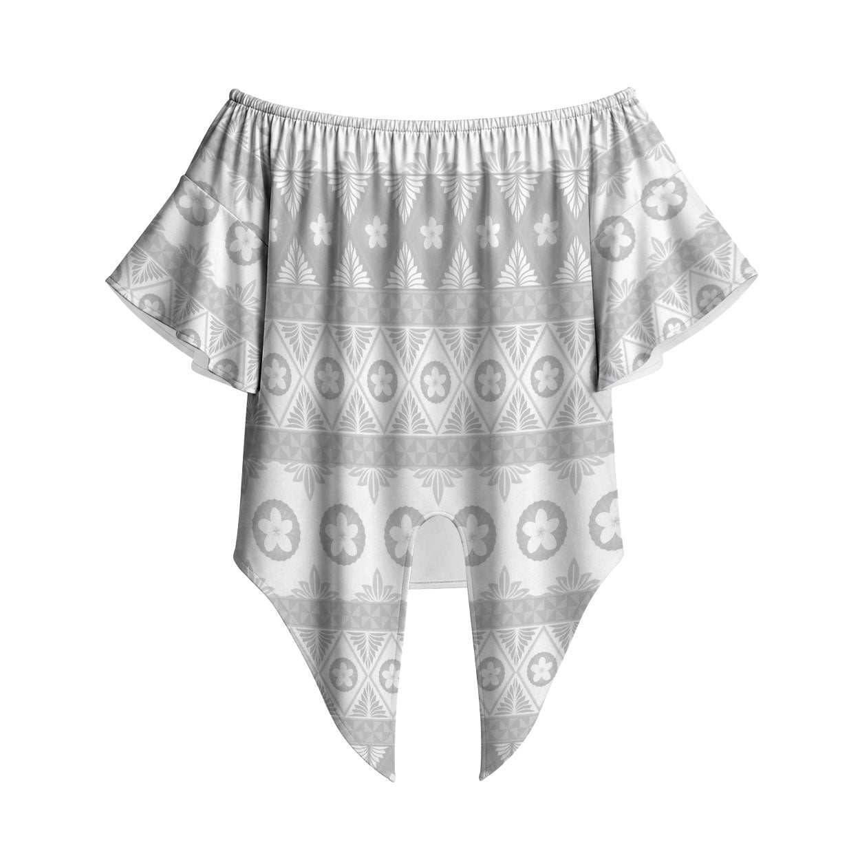 Tonga White Sunday Off Shoulder Wrap Waist Top Tongan Ngatu Siale Pattern LT05 White - Polynesian Pride