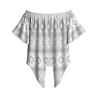 Tonga White Sunday Off Shoulder Wrap Waist Top Tongan Ngatu Siale Pattern LT05 White - Polynesian Pride