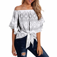 Tonga White Sunday Off Shoulder Wrap Waist Top Tongan Ngatu Siale Pattern LT05 - Polynesian Pride