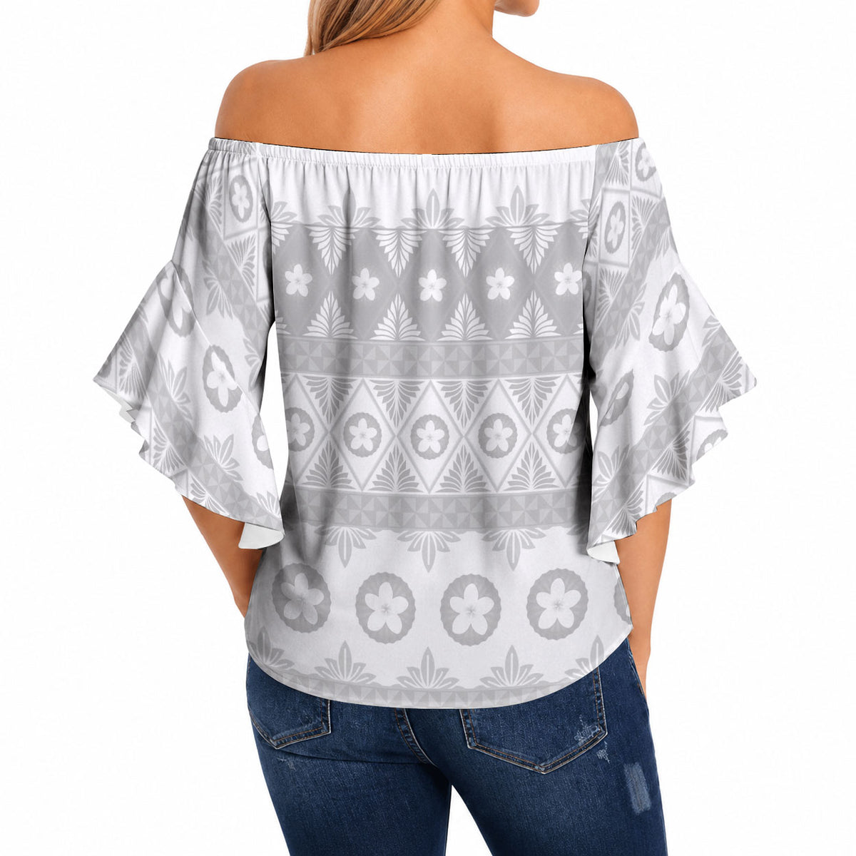 Tonga White Sunday Off Shoulder Wrap Waist Top Tongan Ngatu Siale Pattern LT05 - Polynesian Pride