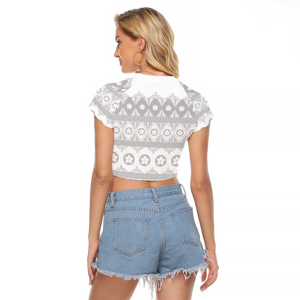 Tonga White Sunday Raglan Cropped T Shirt Tongan Ngatu Siale Pattern - Polynesian Pride