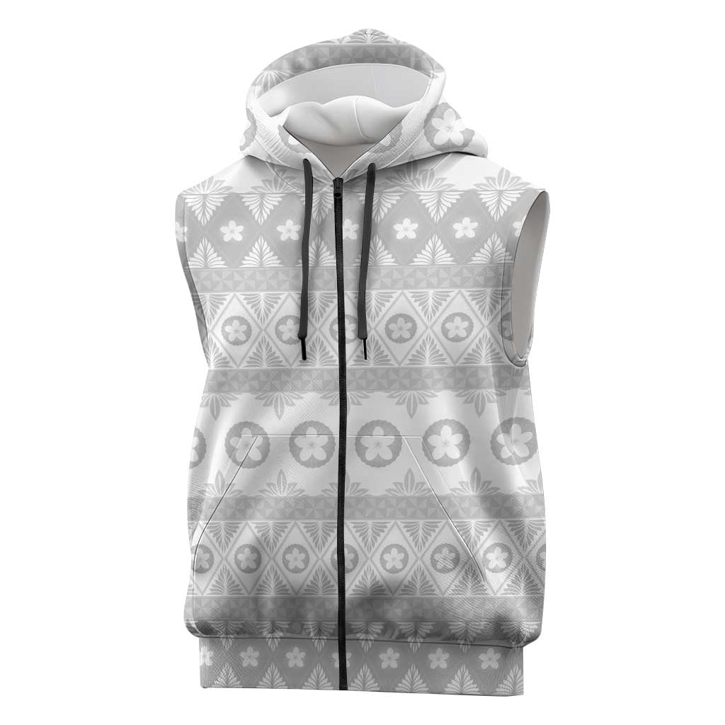 Tonga White Sunday Sleeveless Zip Hoodie Tongan Ngatu Siale Pattern LT05 White - Polynesian Pride