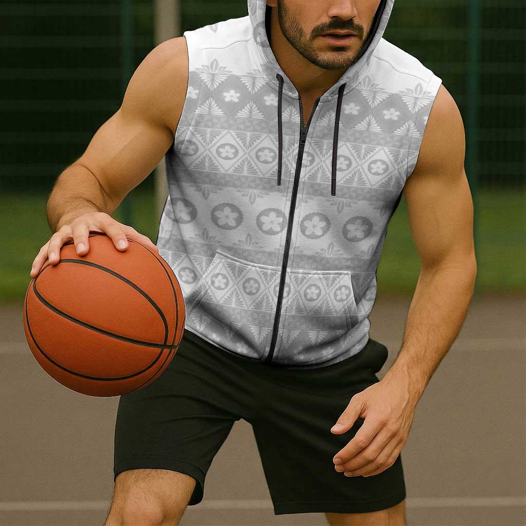Tonga White Sunday Sleeveless Zip Hoodie Tongan Ngatu Siale Pattern LT05 - Polynesian Pride
