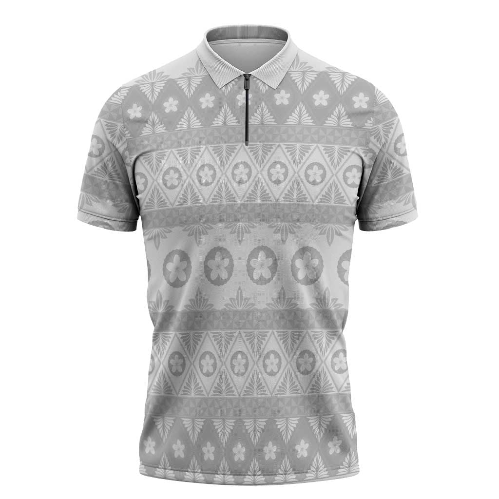 Tonga White Sunday Zipper Polo Shirt Tongan Ngatu Siale Pattern - Polynesian Pride