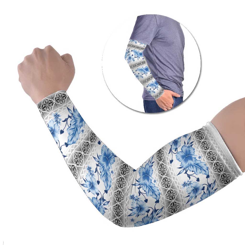 Samoa White Sunday Arm Sleeves Samoan Tapa Blue Hibiscus - Polynesian Pride
