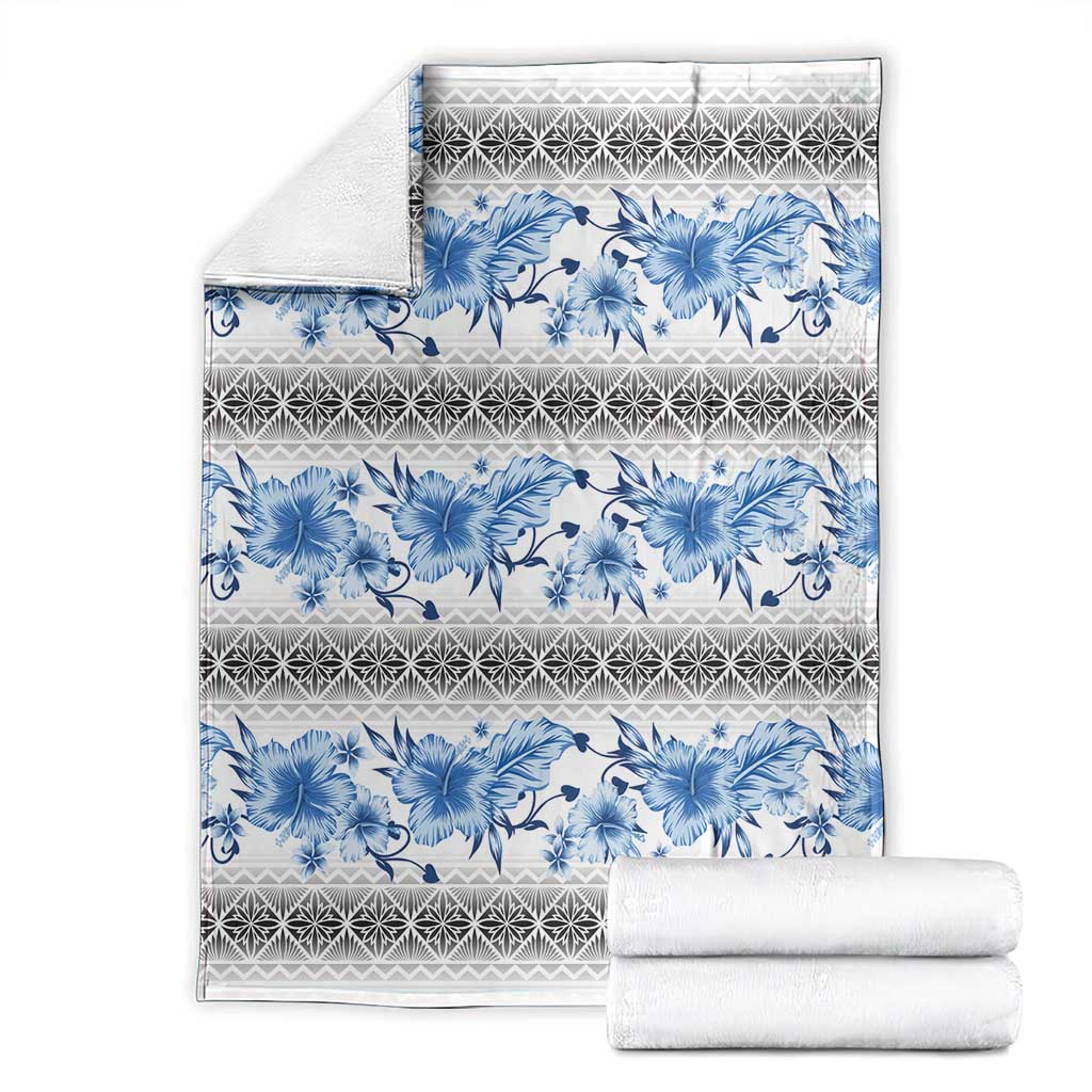 Samoa White Sunday Blanket Samoan Tapa Blue Hibiscus - Polynesian Pride