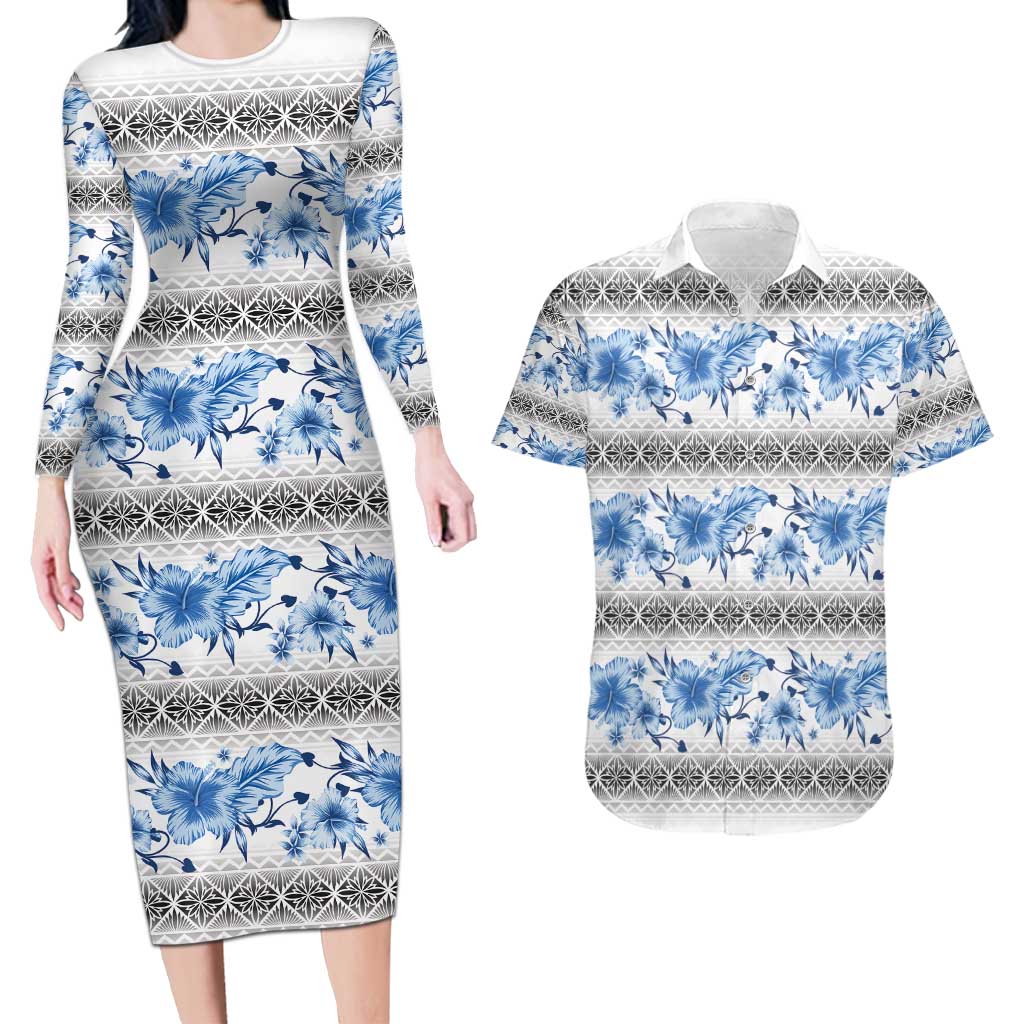 Samoa White Sunday Couples Matching Long Sleeve Bodycon Dress and Hawaiian Shirt Samoan Tapa Blue Hibiscus LT05 Blue - Polynesian Pride