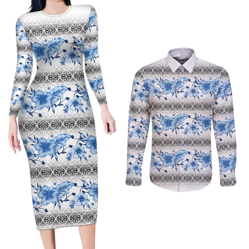 Samoa White Sunday Couples Matching Long Sleeve Bodycon Dress and Long Sleeve Button Shirt Samoan Tapa Blue Hibiscus LT05 Blue - Polynesian Pride
