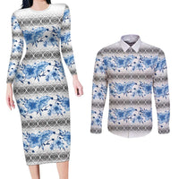Samoa White Sunday Couples Matching Long Sleeve Bodycon Dress and Long Sleeve Button Shirt Samoan Tapa Blue Hibiscus LT05 Blue - Polynesian Pride