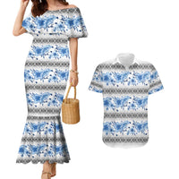 Samoa White Sunday Couples Matching Mermaid Dress and Hawaiian Shirt Samoan Tapa Blue Hibiscus LT05 Blue - Polynesian Pride