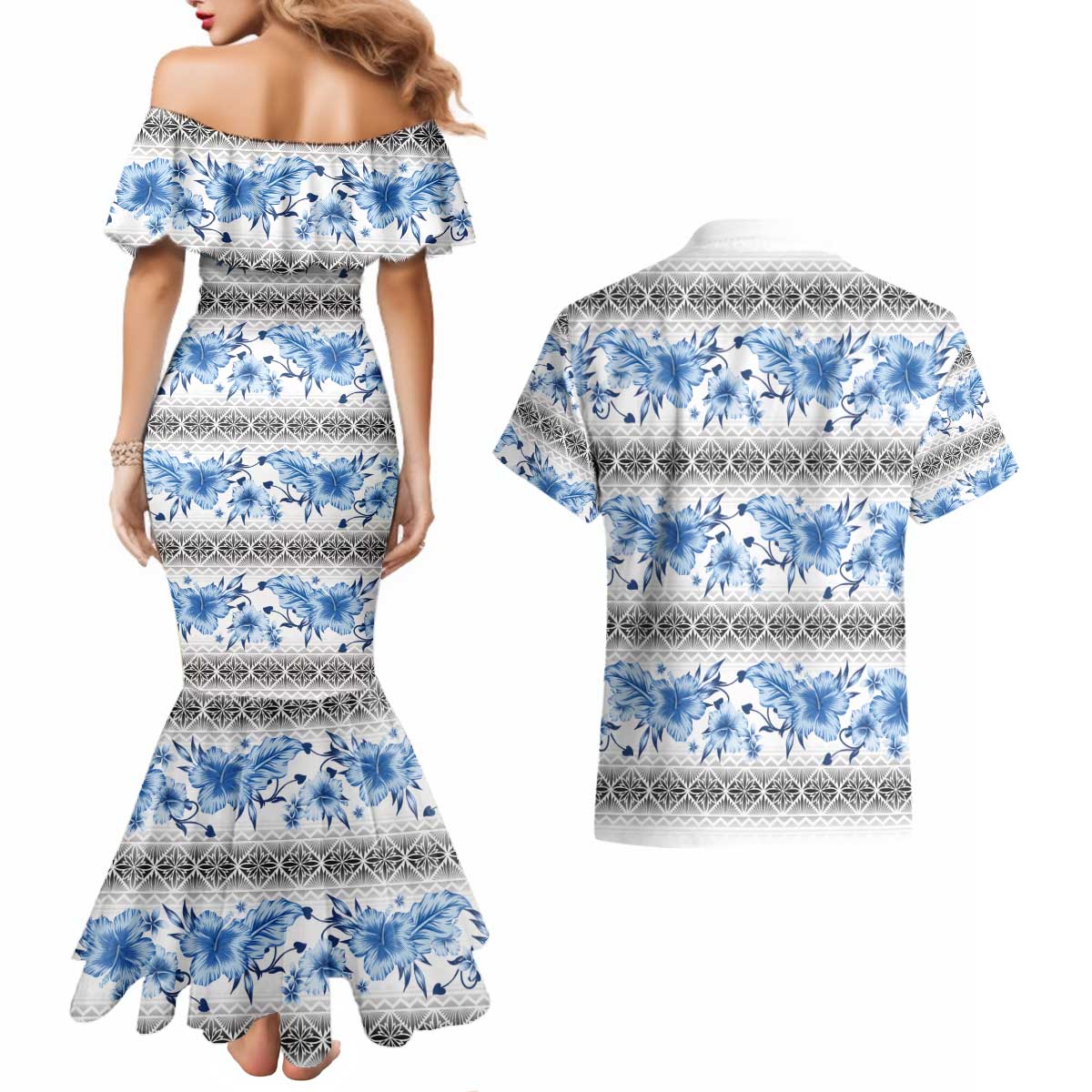 Samoa White Sunday Couples Matching Mermaid Dress and Hawaiian Shirt Samoan Tapa Blue Hibiscus LT05 - Polynesian Pride