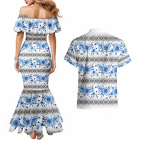 Samoa White Sunday Couples Matching Mermaid Dress and Hawaiian Shirt Samoan Tapa Blue Hibiscus LT05 - Polynesian Pride