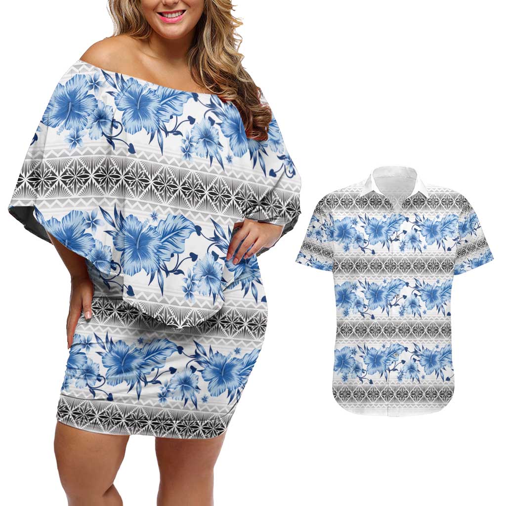 Samoa White Sunday Couples Matching Off Shoulder Short Dress and Hawaiian Shirt Samoan Tapa Blue Hibiscus LT05 Blue - Polynesian Pride