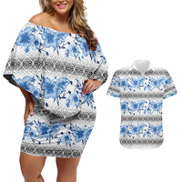 Samoa White Sunday Couples Matching Off Shoulder Short Dress and Hawaiian Shirt Samoan Tapa Blue Hibiscus LT05 Blue - Polynesian Pride