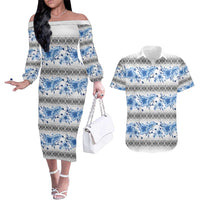 Samoa White Sunday Couples Matching Off The Shoulder Long Sleeve Dress and Hawaiian Shirt Samoan Tapa Blue Hibiscus LT05 Blue - Polynesian Pride