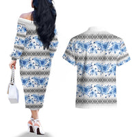 Samoa White Sunday Couples Matching Off The Shoulder Long Sleeve Dress and Hawaiian Shirt Samoan Tapa Blue Hibiscus LT05 - Polynesian Pride