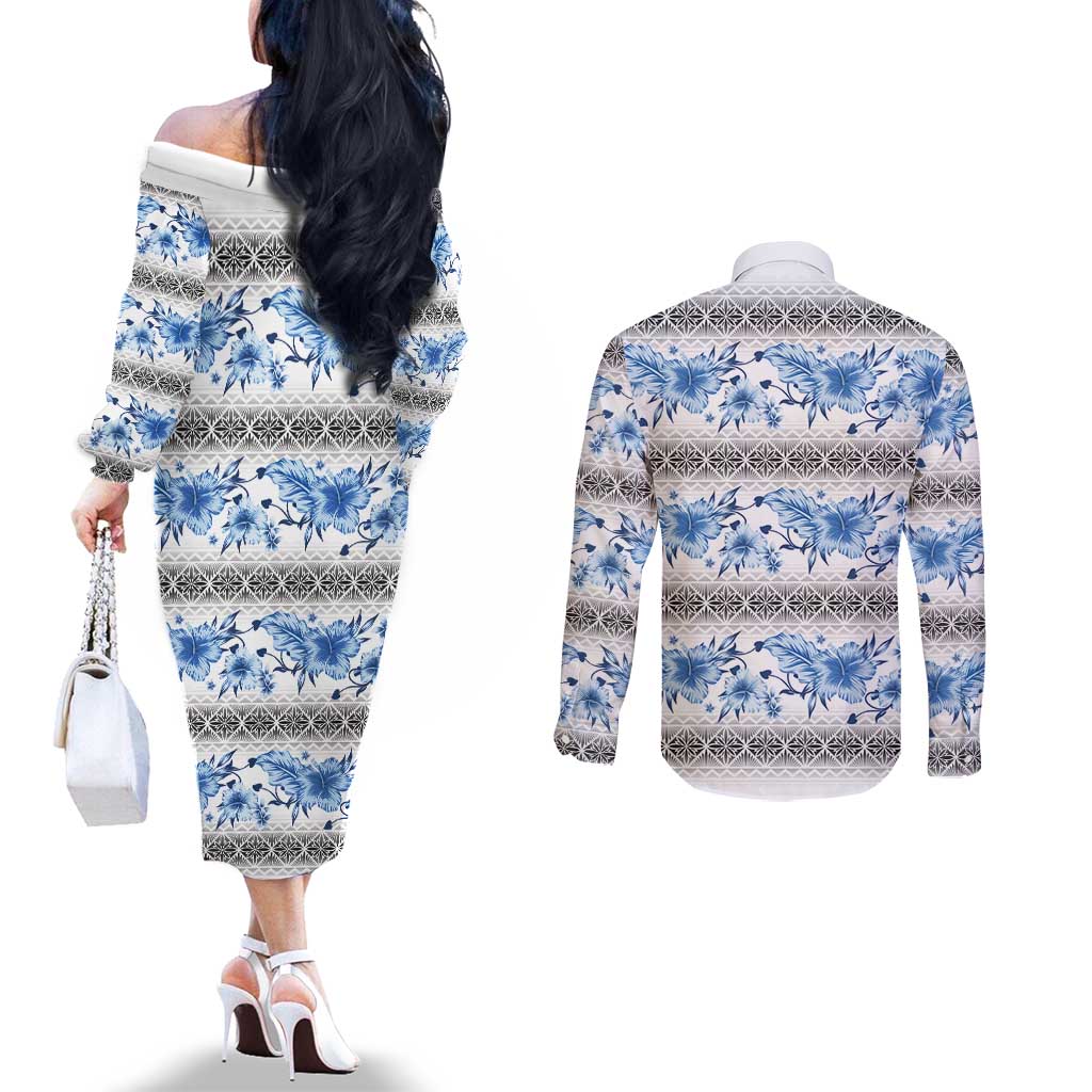 Samoa White Sunday Couples Matching Off The Shoulder Long Sleeve Dress and Long Sleeve Button Shirt Samoan Tapa Blue Hibiscus LT05 - Polynesian Pride