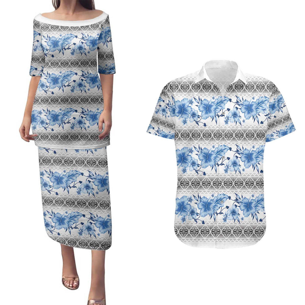 Samoa White Sunday Couples Matching Puletasi and Hawaiian Shirt Samoan Tapa Blue Hibiscus - Polynesian Pride