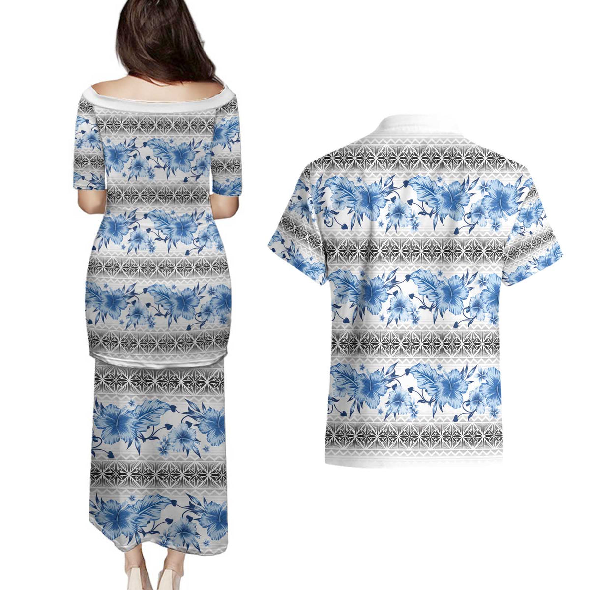 Samoa White Sunday Couples Matching Puletasi and Hawaiian Shirt Samoan Tapa Blue Hibiscus - Polynesian Pride