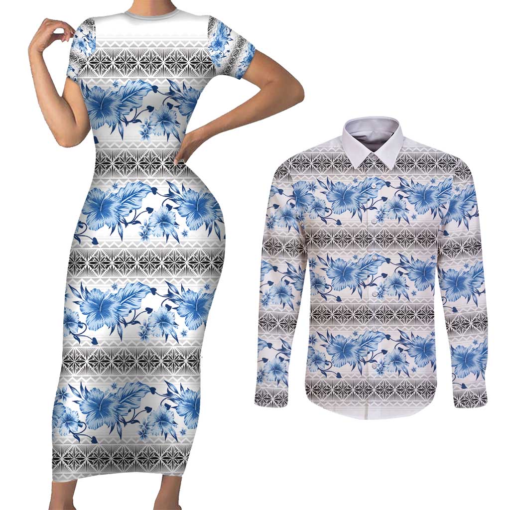 Samoa White Sunday Couples Matching Short Sleeve Bodycon Dress and Long Sleeve Button Shirt Samoan Tapa Blue Hibiscus LT05 Blue - Polynesian Pride