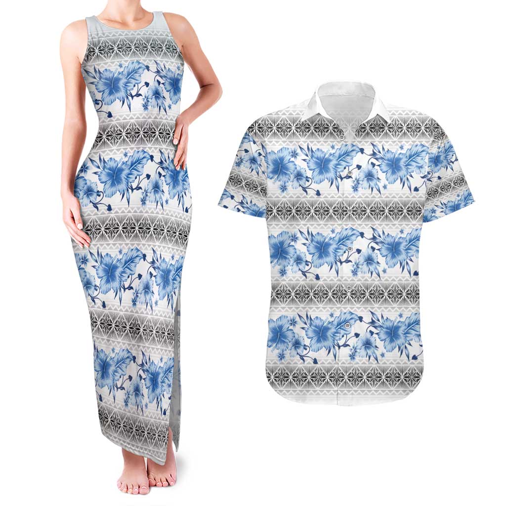 Samoa White Sunday Couples Matching Tank Maxi Dress and Hawaiian Shirt Samoan Tapa Blue Hibiscus LT05 Blue - Polynesian Pride