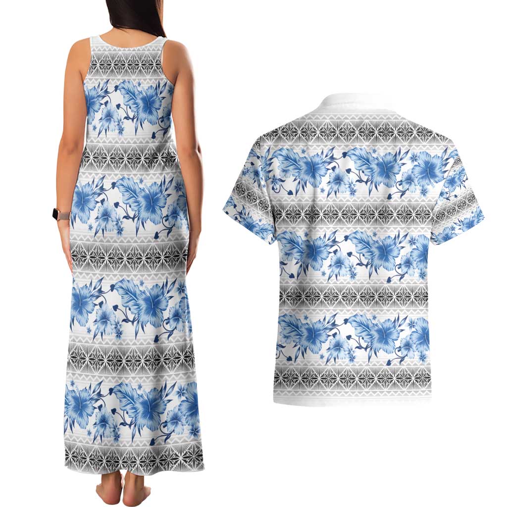 Samoa White Sunday Couples Matching Tank Maxi Dress and Hawaiian Shirt Samoan Tapa Blue Hibiscus LT05 - Polynesian Pride