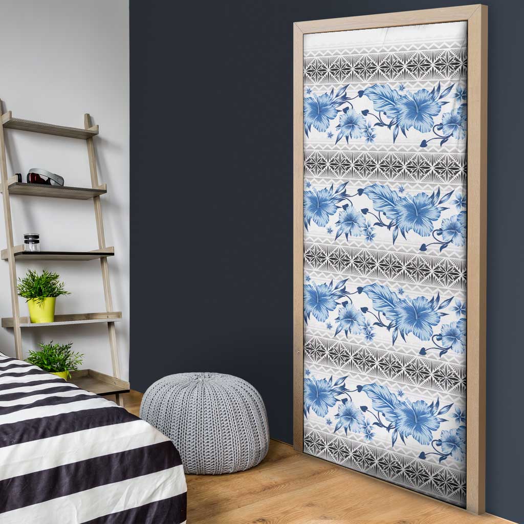 Samoa White Sunday Door Cover Samoan Tapa Blue Hibiscus - Polynesian Pride