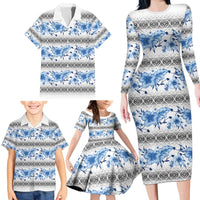Samoa White Sunday Family Matching Long Sleeve Bodycon Dress and Hawaiian Shirt Samoan Tapa Blue Hibiscus LT05 - Polynesian Pride