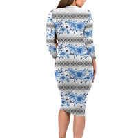 Samoa White Sunday Family Matching Long Sleeve Bodycon Dress and Hawaiian Shirt Samoan Tapa Blue Hibiscus LT05 - Polynesian Pride