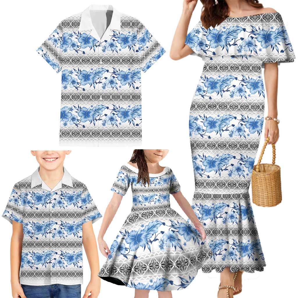 Samoa White Sunday Family Matching Mermaid Dress and Hawaiian Shirt Samoan Tapa Blue Hibiscus LT05 - Polynesian Pride