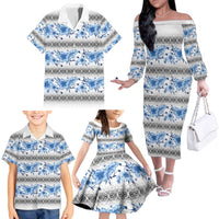 Samoa White Sunday Family Matching Off The Shoulder Long Sleeve Dress and Hawaiian Shirt Samoan Tapa Blue Hibiscus LT05 - Polynesian Pride