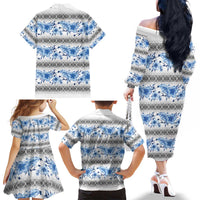 Samoa White Sunday Family Matching Off The Shoulder Long Sleeve Dress and Hawaiian Shirt Samoan Tapa Blue Hibiscus LT05 - Polynesian Pride