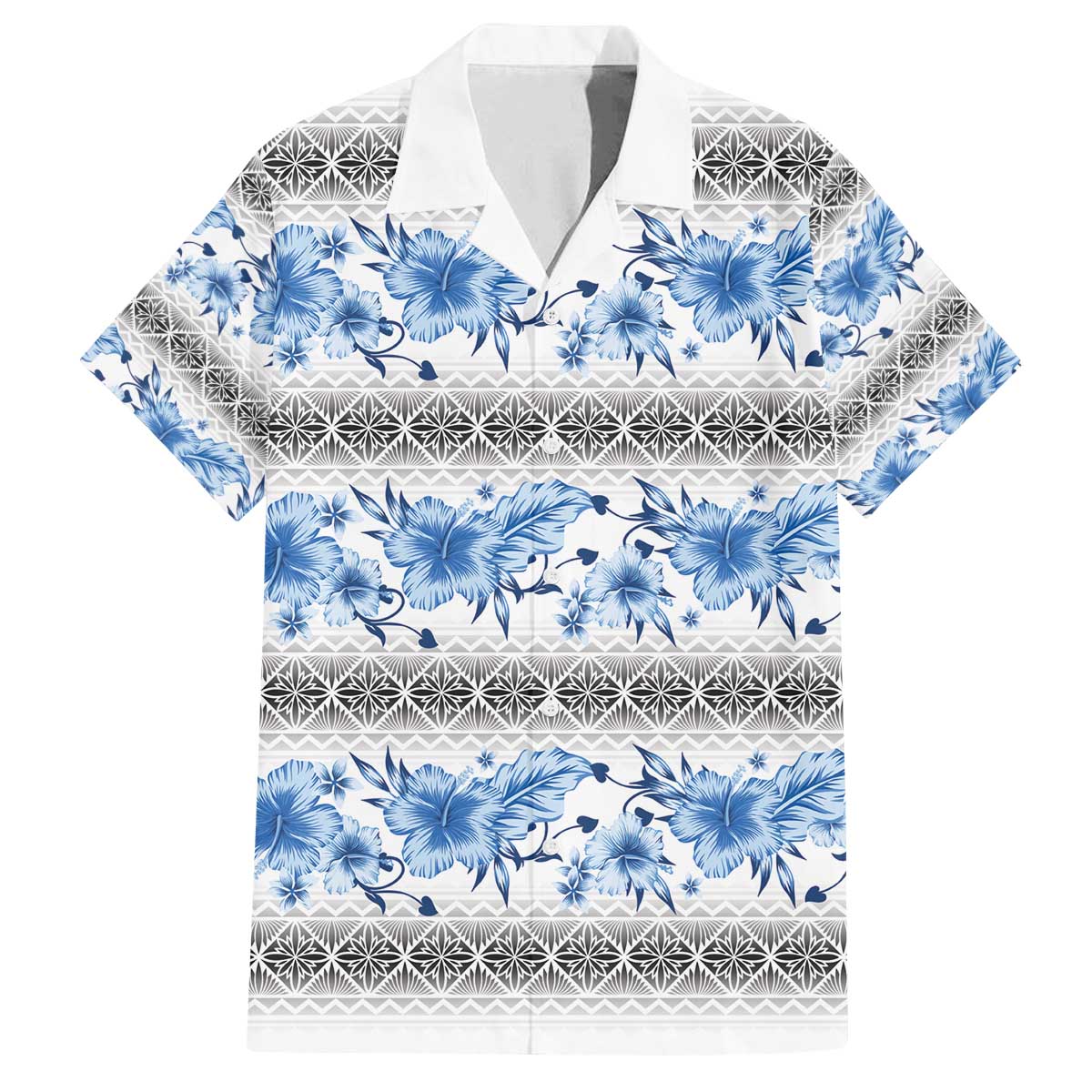 Samoa White Sunday Family Matching Off The Shoulder Long Sleeve Dress and Hawaiian Shirt Samoan Tapa Blue Hibiscus LT05 Dad's Shirt - Short Sleeve Blue - Polynesian Pride