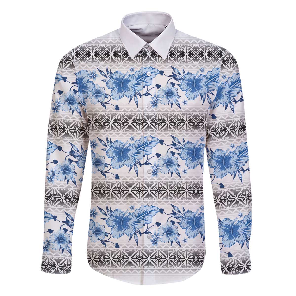 Samoa White Sunday Family Matching Off The Shoulder Long Sleeve Dress and Hawaiian Shirt Samoan Tapa Blue Hibiscus LT05 Dad's Shirt - Long Sleeve Blue - Polynesian Pride
