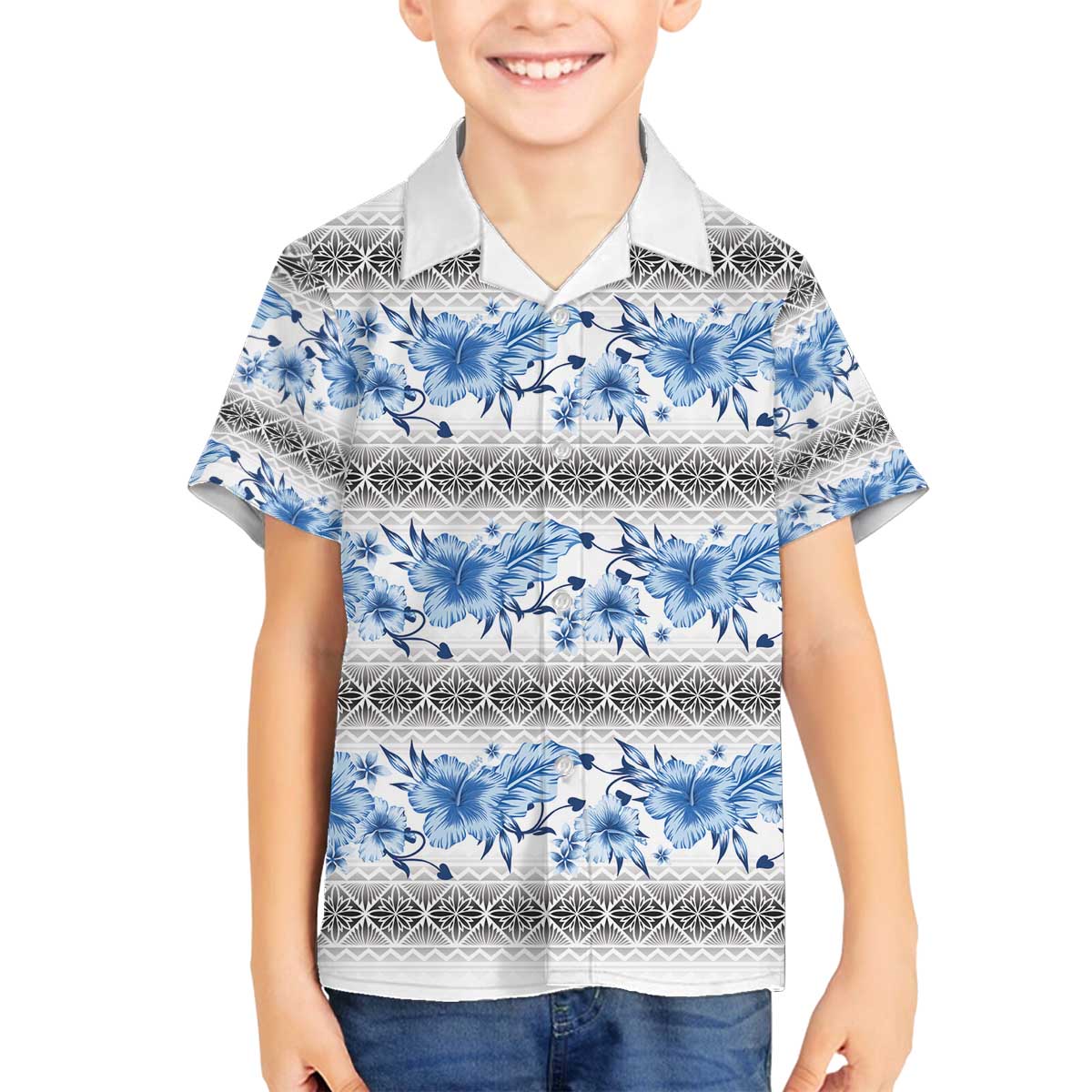 Samoa White Sunday Family Matching Off The Shoulder Long Sleeve Dress and Hawaiian Shirt Samoan Tapa Blue Hibiscus LT05 Son's Shirt Blue - Polynesian Pride
