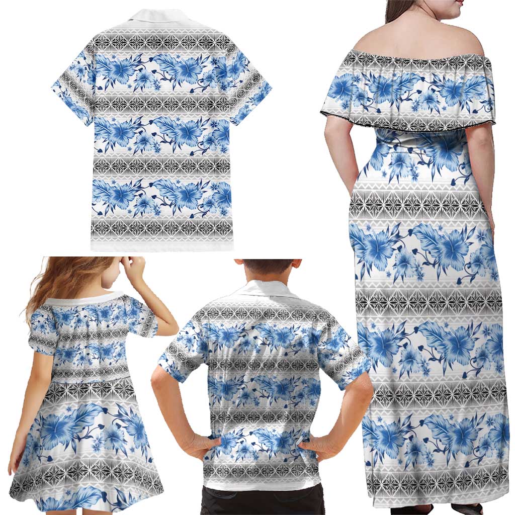 Samoa White Sunday Family Matching Off Shoulder Maxi Dress and Hawaiian Shirt Samoan Tapa Blue Hibiscus LT05 - Polynesian Pride