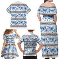 Samoa White Sunday Family Matching Off Shoulder Maxi Dress and Hawaiian Shirt Samoan Tapa Blue Hibiscus LT05 - Polynesian Pride